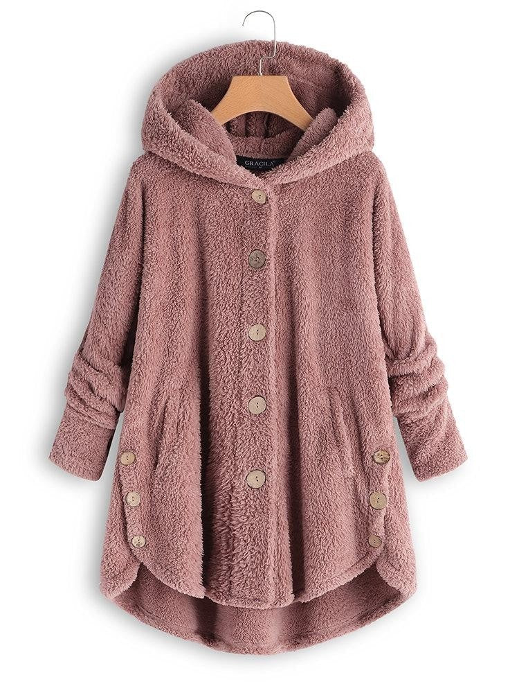 Eleganter, warmer Damen Wintermantel mit Kapuze und Knöpfen in Rosa, ideal für kalte Wintertage. Wintermode.