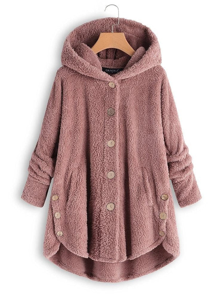 Eleganter, warmer Damen Wintermantel mit Kapuze und Knöpfen in Rosa, ideal für kalte Wintertage. Wintermode.