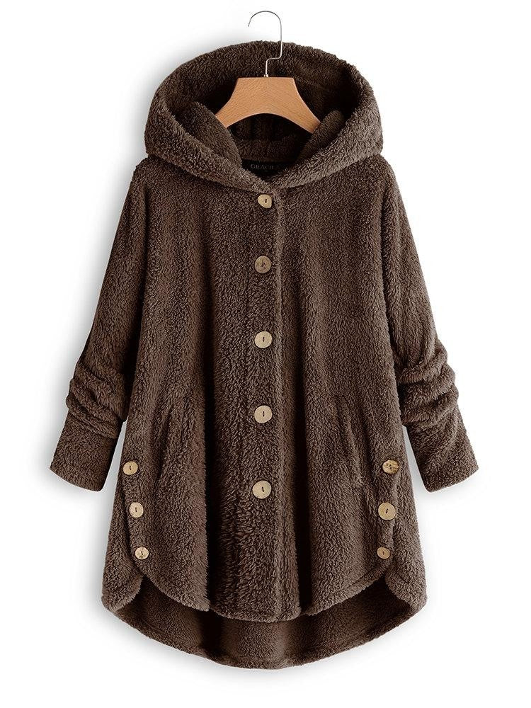 Damen Wintermantel mit praktischer Kapuze und stilvollen Knöpfen in Kaffee; warme Winterkleidung für Freizeit & Alltag.