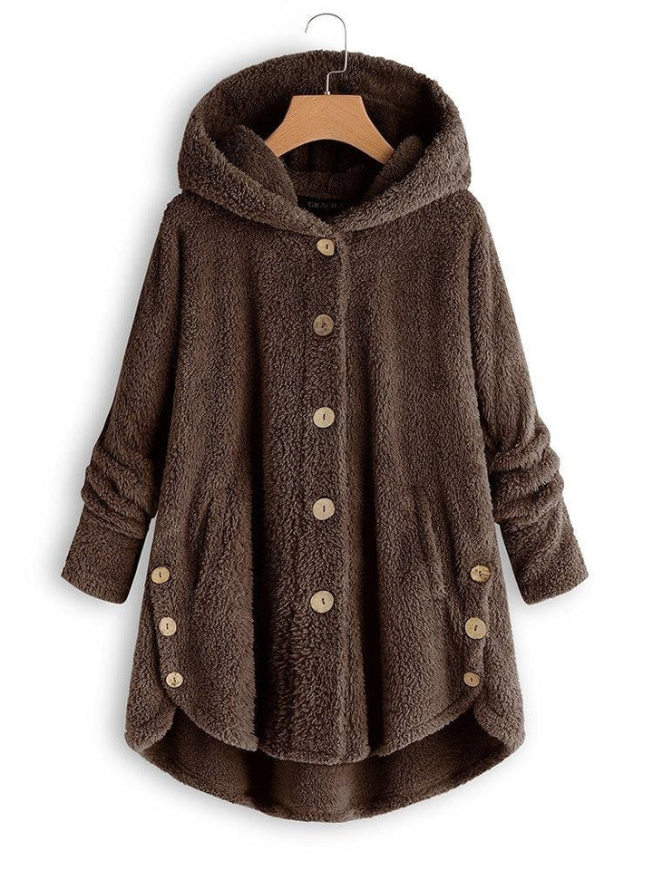 Damen Wintermantel mit praktischer Kapuze und stilvollen Knöpfen in Kaffee; warme Winterkleidung für Freizeit & Alltag.