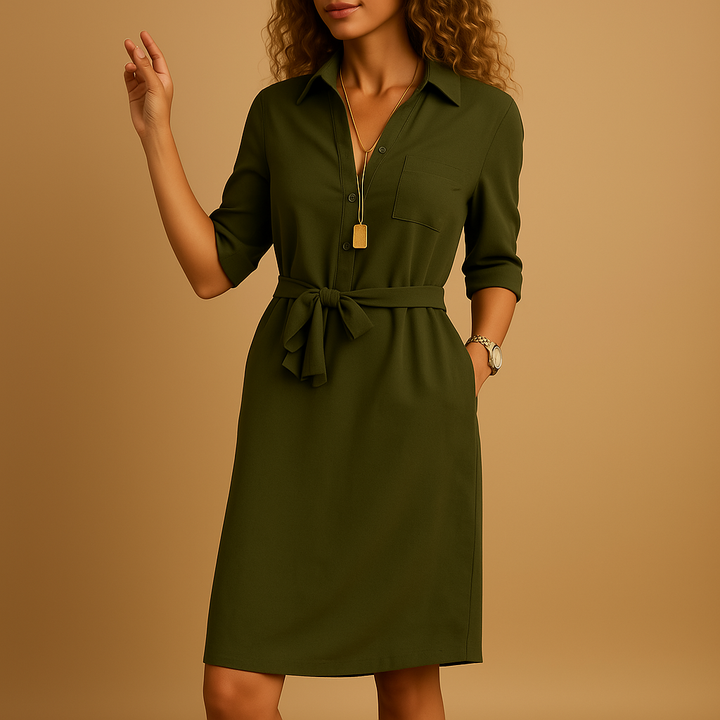Bequemes Carmen Damen Midikleid in Armeegrün, ideal als Alltagskleid und elegantes Sommerkleid.