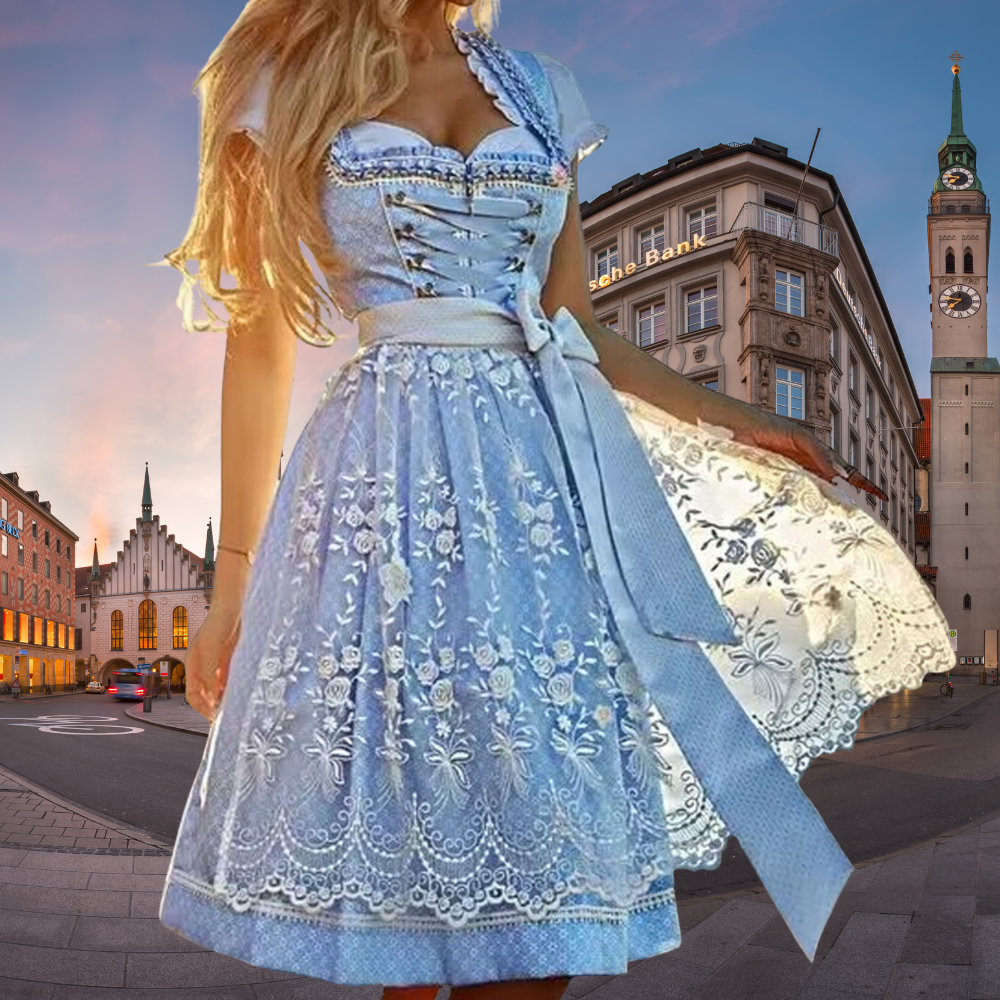 Elegantes blaues Damen Oktoberfest Dirndl Kleid, traditionelles Trachtenkleid für Volksfeste, bequem und stilvoll.