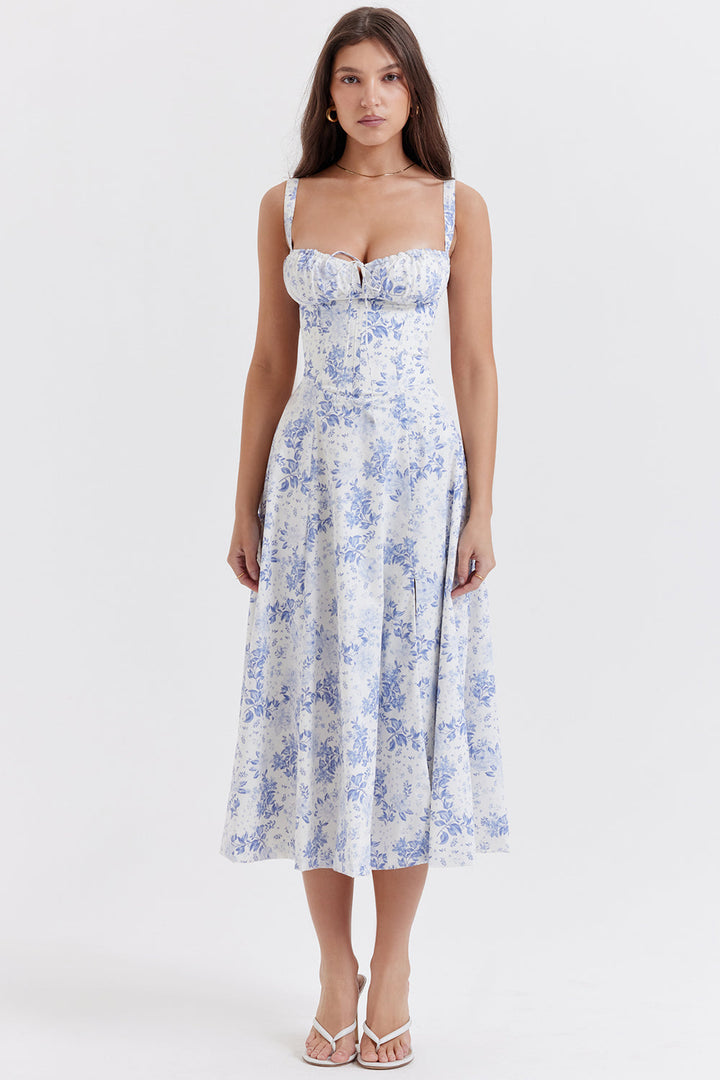 Elegantes Bustierkleid mit lebhaftem Blumenmuster, figurbetonender Schnitt, perfekt für Frühlingsanlässe.