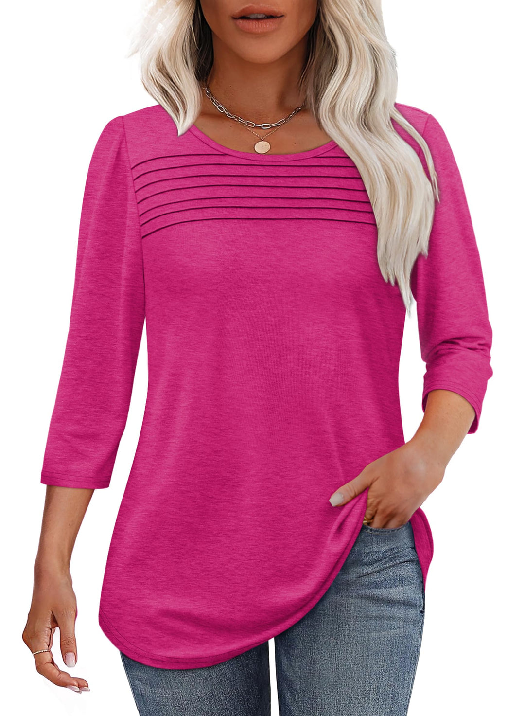 Elegantes Damen 3/4-Arm-Top mit plissierter Front, Rundhals und abgerundetem Saum.