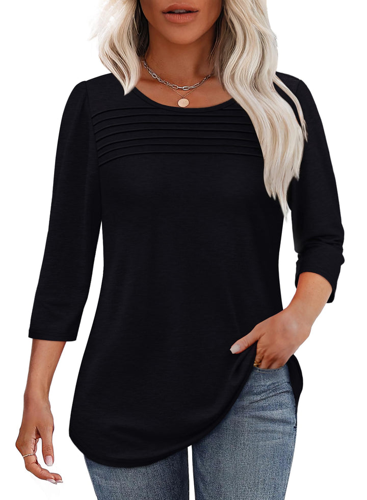 Damen Oberteil 3/4-Arm, plissiert, Rundhals, vielseitig, elegant, Basic, Mode für jede Frau.
