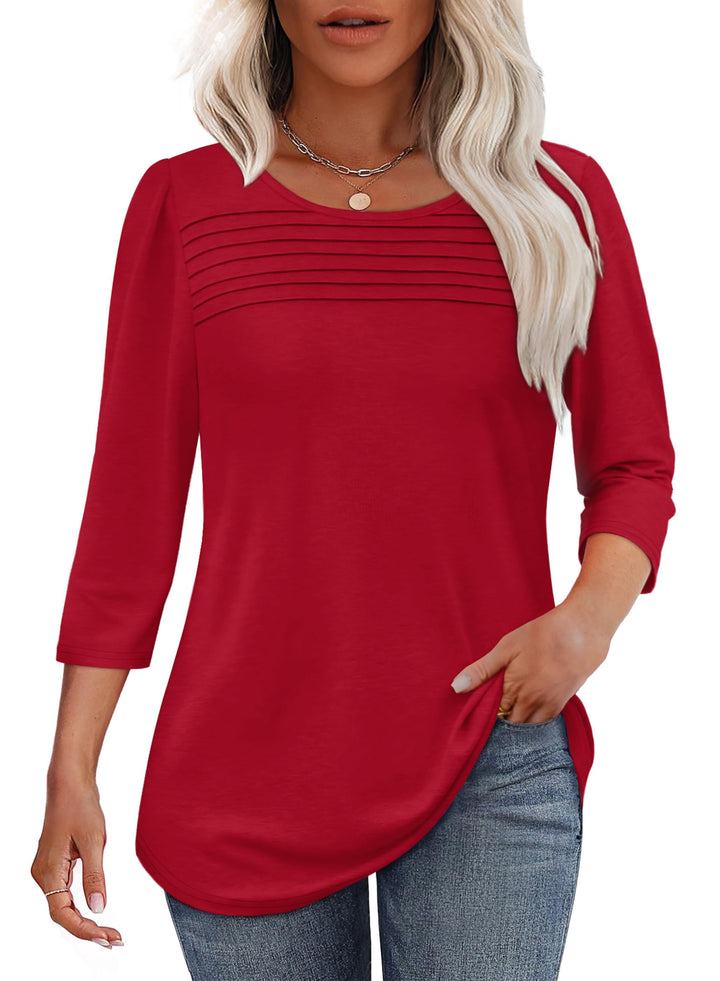 Freizeit-Damen-Top mit 3/4-Arm, elegant plissiert, Rundhals, abgerundeter Saum, stilvoll.