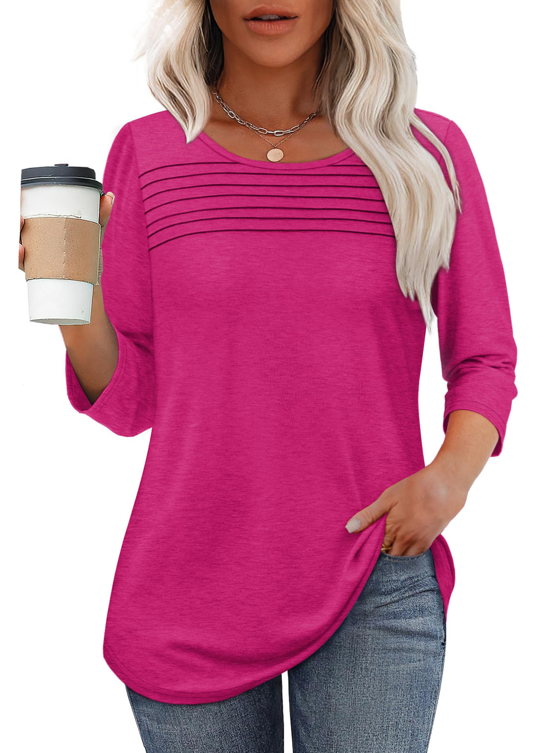Produktbild: Damen 3/4-Arm-Top mit plissierter Front, Rundhals und abgerundetem Saum.