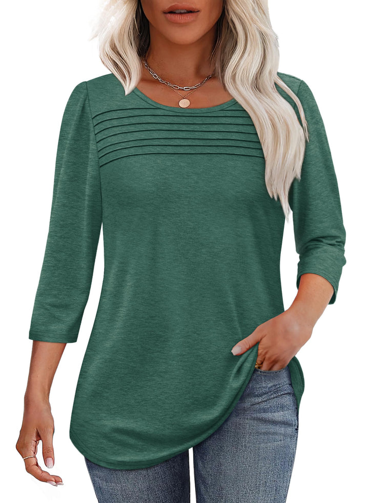 Vielseitiges Damen Shirt mit 3/4-Arm, plissierter Front und Rundhals für Sommer, Herbst & Mode.