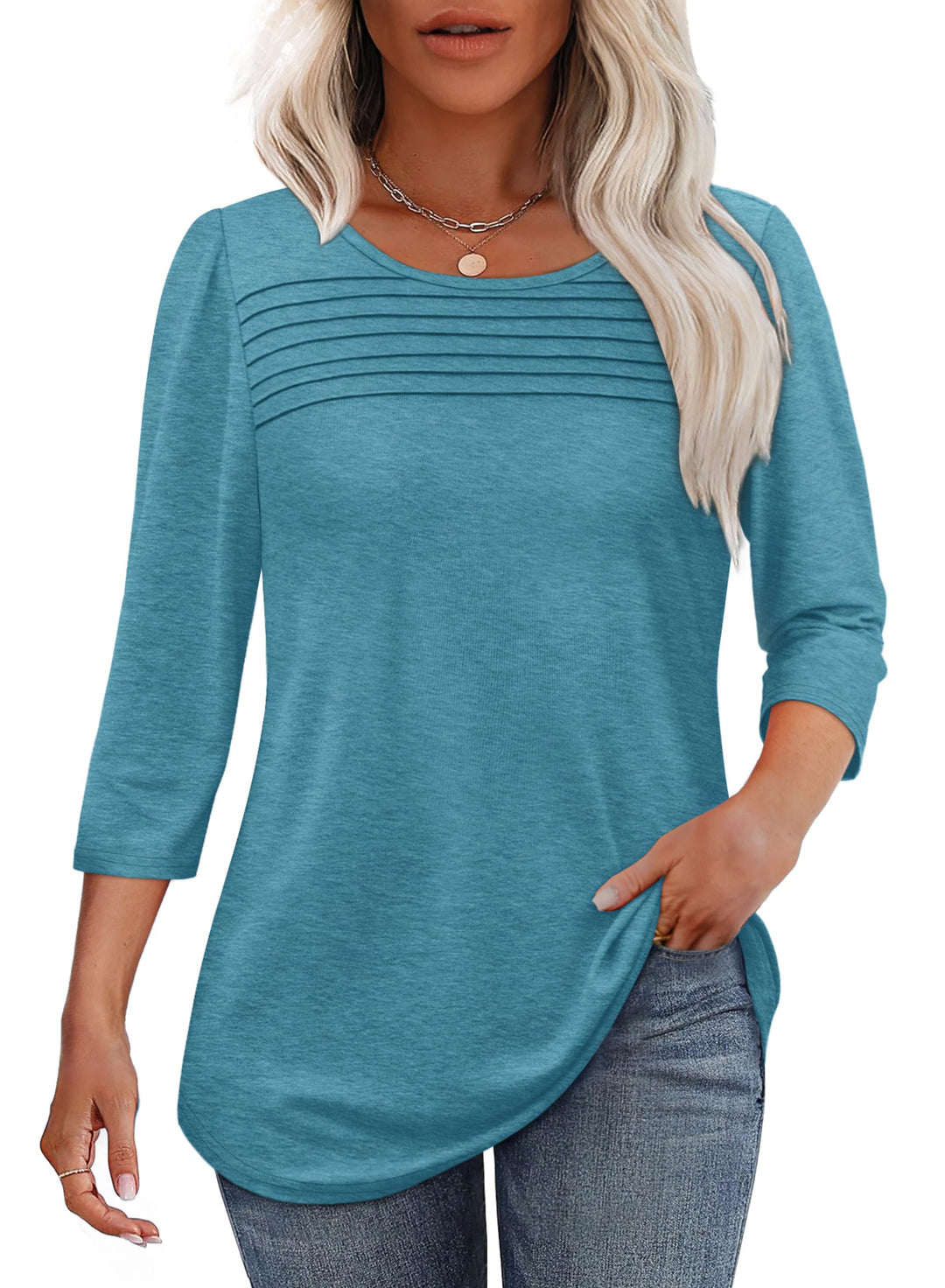 Basic Damen 3/4-Arm-Top, elegant plissiert, Rundhals-Ausschnitt, ideal für jeden Anlass.