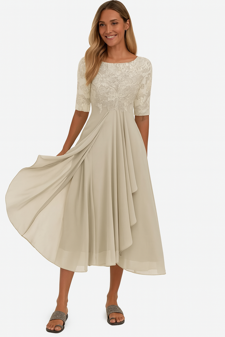 Elegantes Damen A-Linie Midikleid aus Spitze, perfekt für Sommerfeste. Schmeichelhaft und stilvoll.