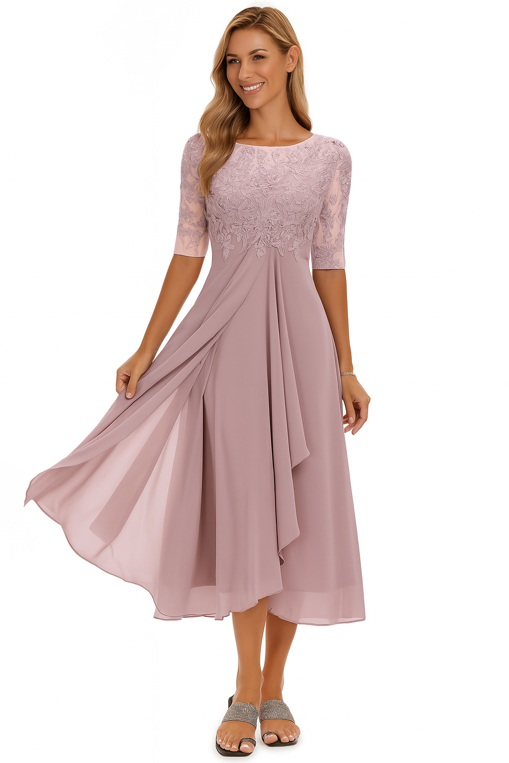 Leichtes A-Linie Damen Spitzenkleid in Midi-Länge; ideal als Sommer-, Party- oder Freizeitkleid.