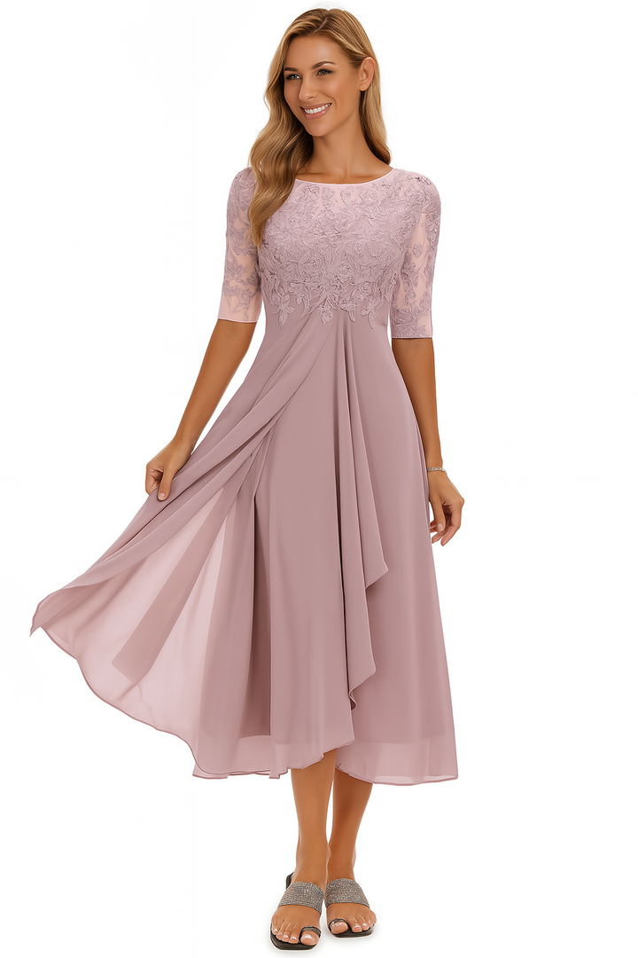 Leichtes A-Linie Damen Spitzenkleid in Midi-Länge; ideal als Sommer-, Party- oder Freizeitkleid.