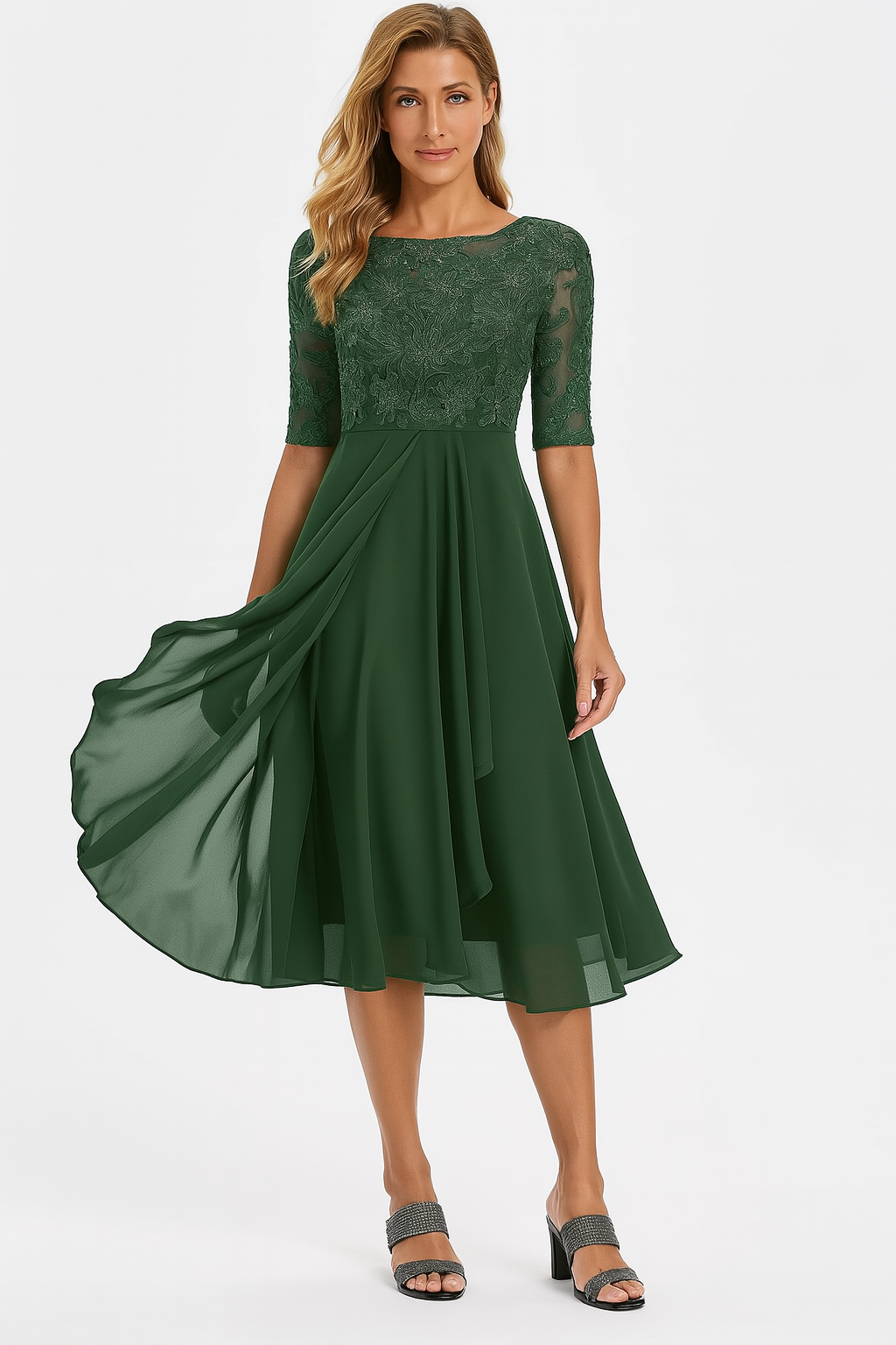 Festliches Damen Midikleid mit eleganter Spitze im A-Linie-Schnitt für besondere Anlässe und Frauenmode.