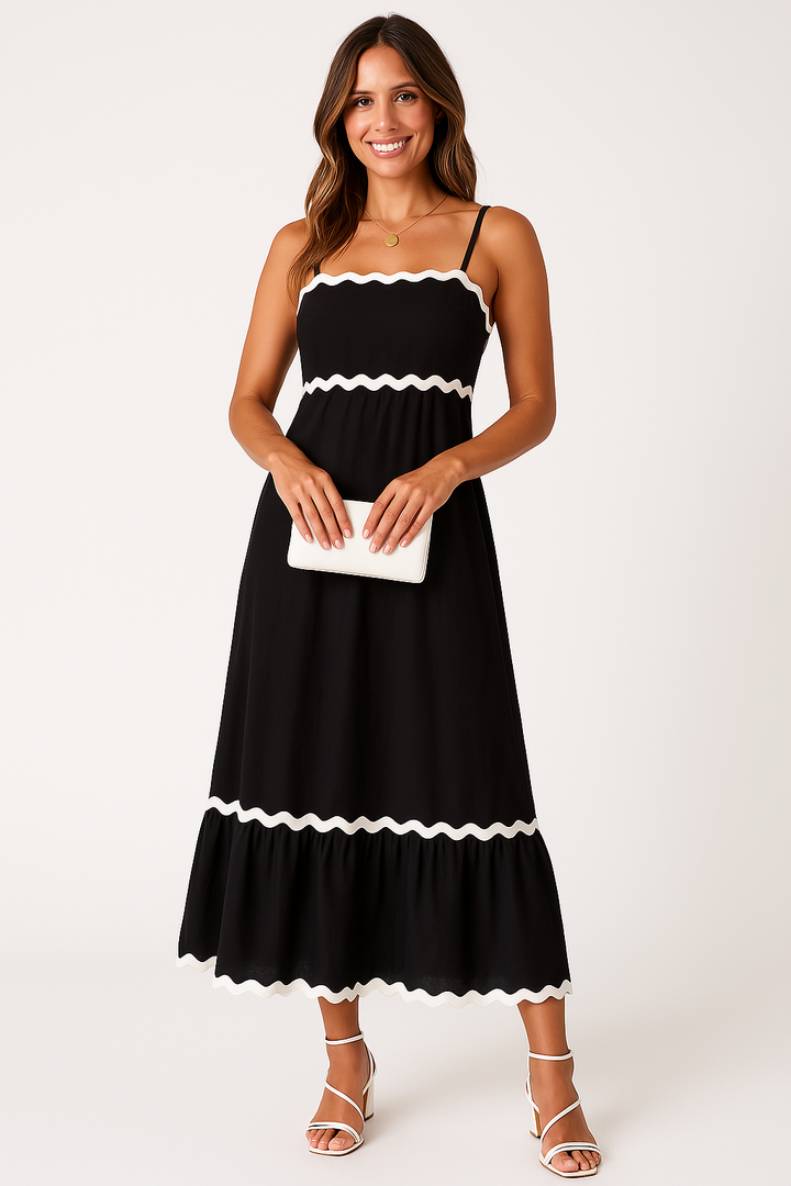 Elegantes Damen A-Linien-Maxikleid Selina mit Spaghettiträgern in Schwarz. Perfekt für Sommer & Abend.