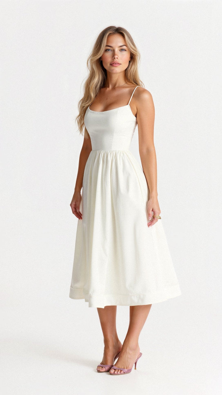 Elegantes Damen A-Linien-Midikleid für den Sommer. Fließender Stoff, femininer Schnitt, perfekt für Tages- & Abendanlässe.