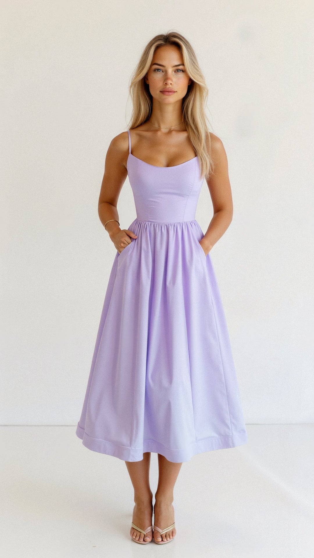 Damen A-Linien-Midikleid in heller Farbe. Leichtes Sommerkleid, femininer Schnitt, vielseitig kombinierbar für den Alltag.