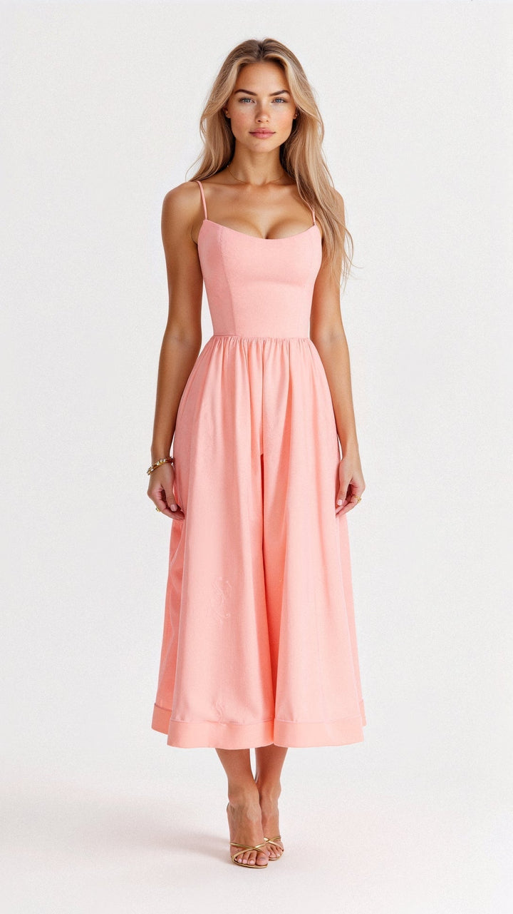 Model trägt Damen A-Linien-Midikleid. Entspannter & eleganter Look, vielseitig kombinierbar für den Sommer.