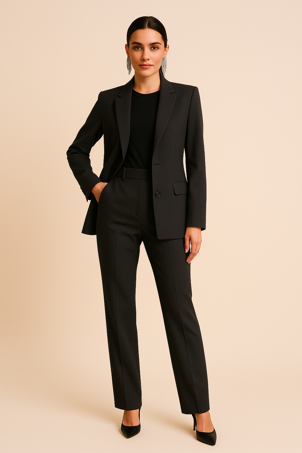 Komfortables Damen Faltenhose & Blazer Set in Beige. Perfekter Freizeit Look & sommerliches Business Outfit.