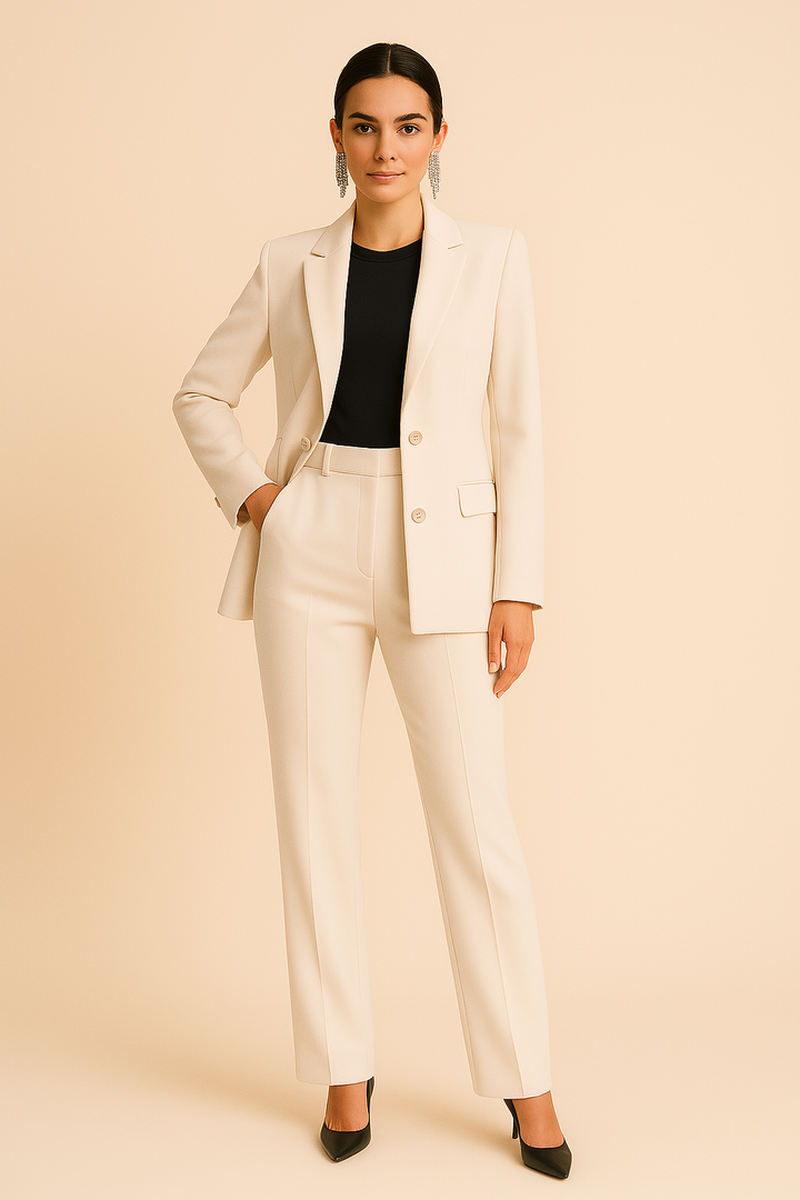Modischer Damen Anzug: Schwarzer Blazer & Faltenhose. Vielseitiger Zweiteiler für elegante Anlässe & Büro.