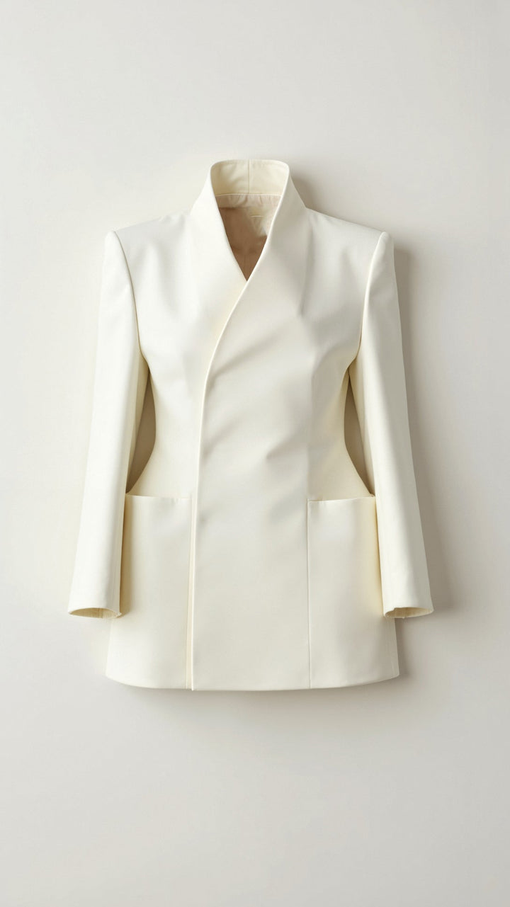 Modisches Damen Blazer Mini Kleid in Weiß, asymmetrisch geschnitten. Zeitlos elegant für Business & Anlässe.