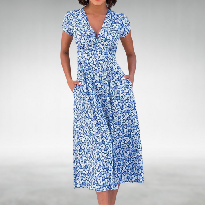 Elegantes Damen Blumen Midi Kleid mit V-Ausschnitt und praktischen Taschen, ideal für Frühling und Sommer.