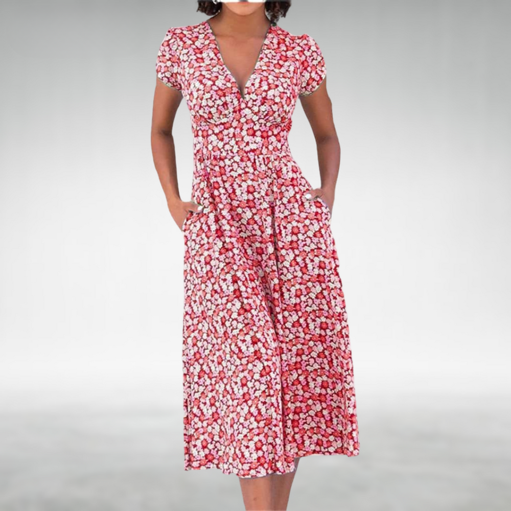 Bequemes Damen Midi Blumenkleid mit V-Ausschnitt und praktischen Taschen, perfekt für Freizeit & Sommer.