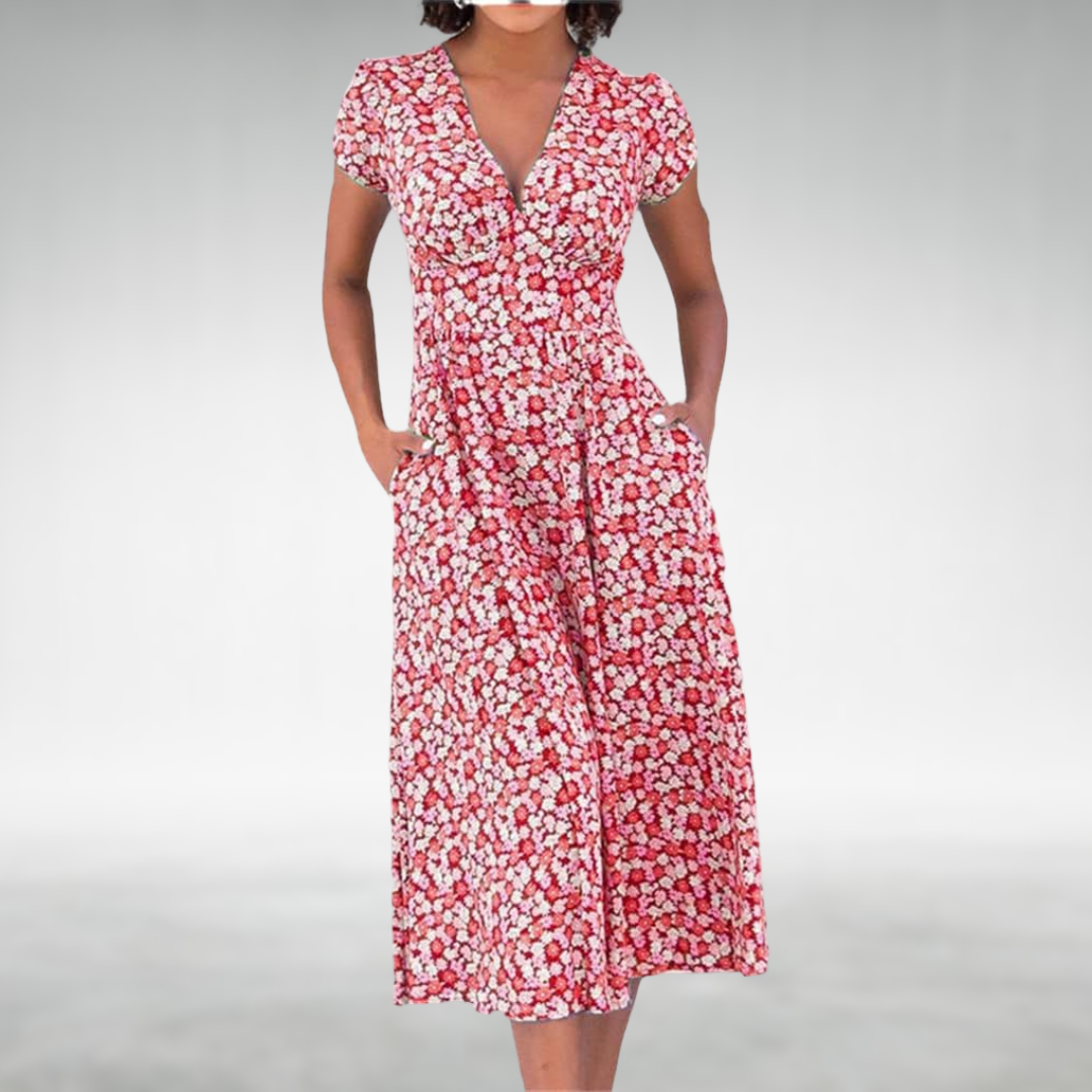 Bequemes Damen Midi Blumenkleid mit V-Ausschnitt und praktischen Taschen, perfekt für Freizeit & Sommer.