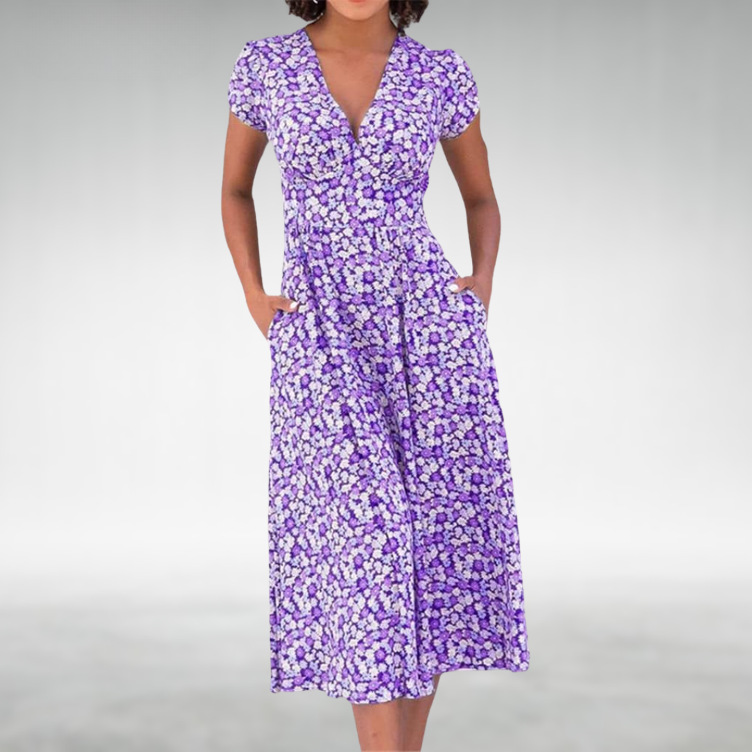 Modisches Damen Blumen Midikleid mit V-Ausschnitt & Taschen, vielseitig für elegante & bequeme Looks.