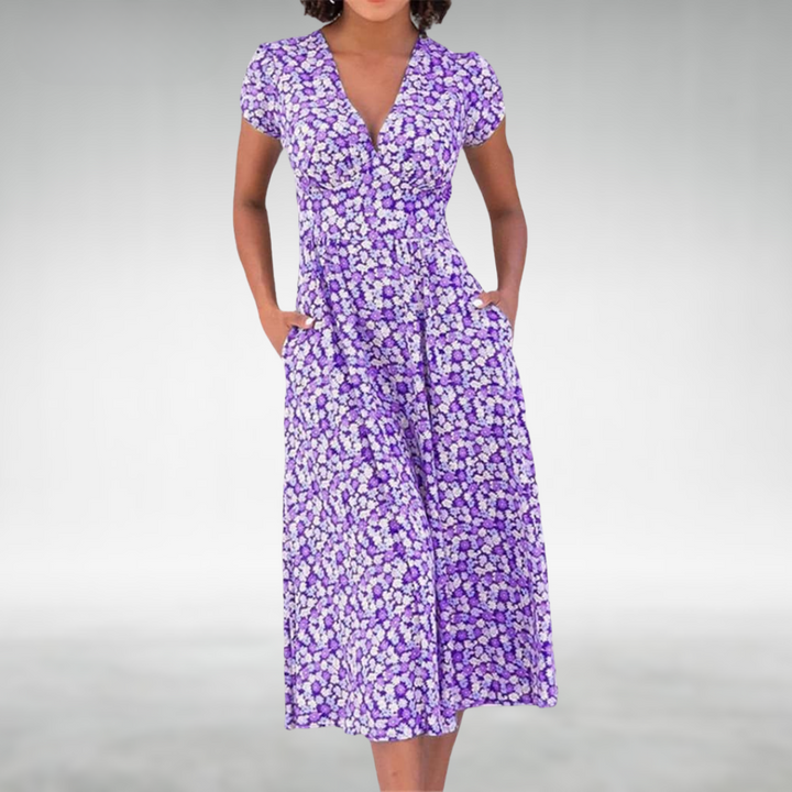Modisches Damen Blumen Midikleid mit V-Ausschnitt & Taschen, vielseitig für elegante & bequeme Looks.