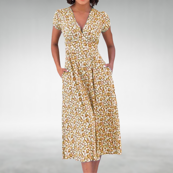 Damen Blumen Midi Kleid mit V-Ausschnitt und praktischen Taschen, bequem und elegant für Sommer & Frühling.