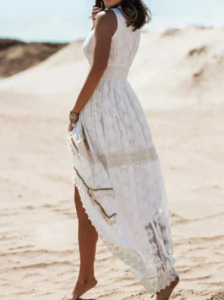 Modisches Damen Freizeitkleid im Boho-Stil mit V-Ausschnitt und Kordelzug, bequem und vielseitig kombinierbar.