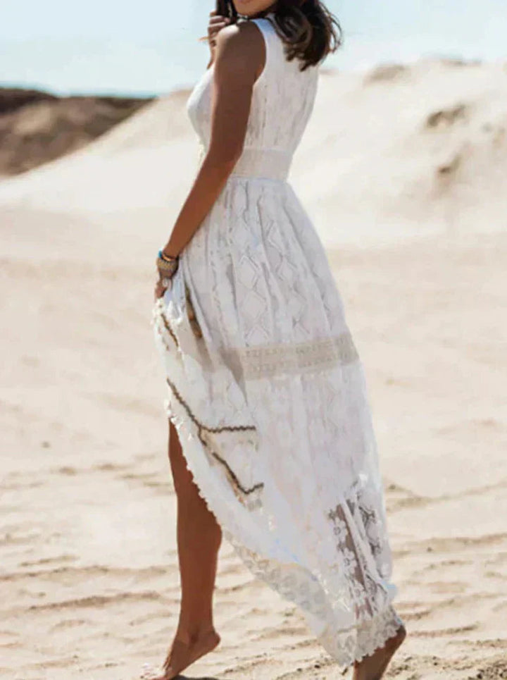 Modisches Damen Freizeitkleid im Boho-Stil mit V-Ausschnitt und Kordelzug, bequem und vielseitig kombinierbar.