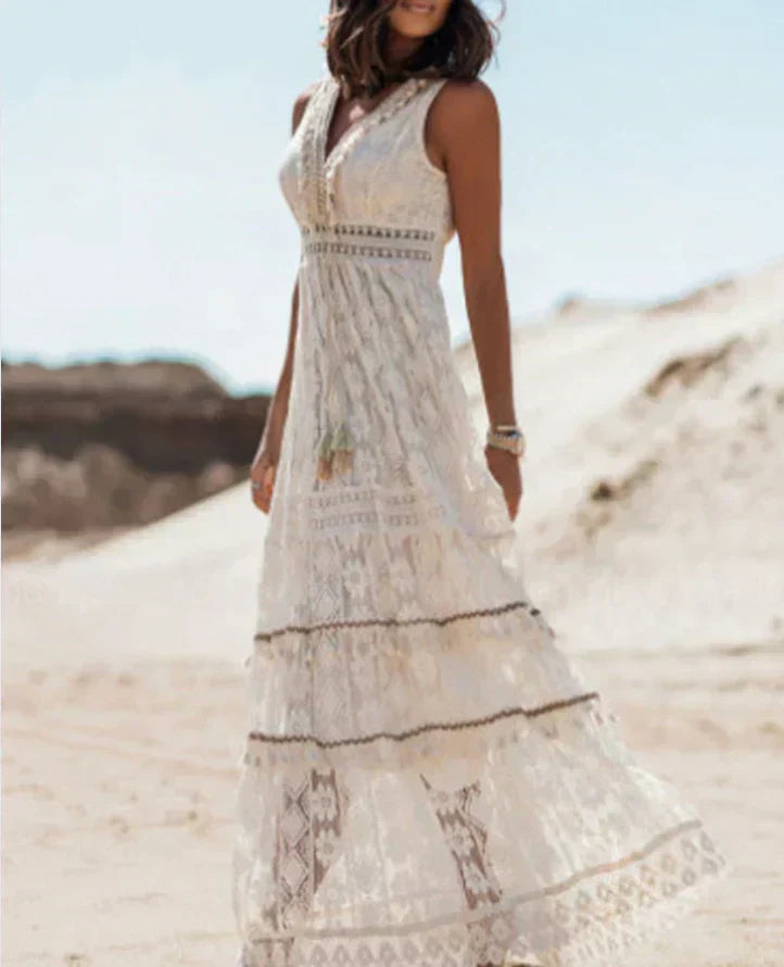 Bequemes Damenkleid Boho mit V-Ausschnitt, verstellbarem Kordelzug & lockerer Passform, ein Must-have für den Sommer.