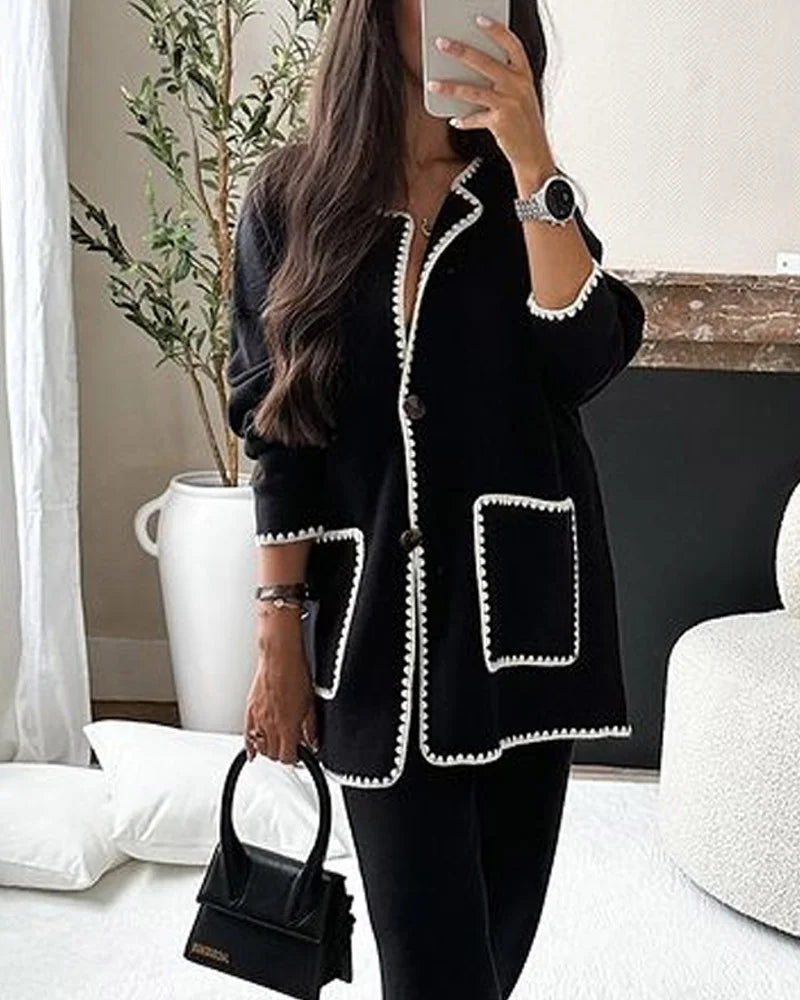 Elegantes Damen Cardigan & weite Hose Set für zeitlosen Stil und Komfort, ideal für Büro und Abendmode.