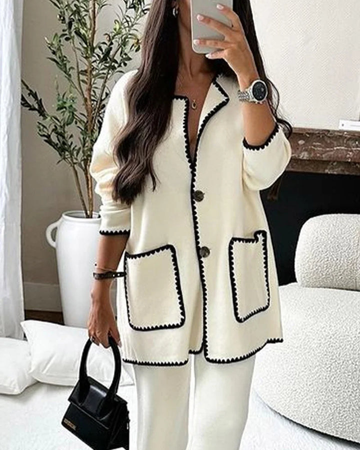 Damen Zweiteiler für Büro & Abend: eleganter Cardigan und fließende weite Hose, kombiniert für Stil.