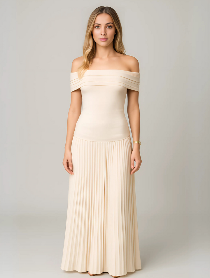 Elegantes Damen Falten Maxi Kleid für Hochzeitsgäste, festliche Anlässe. Langarm, fließender Stoff.
