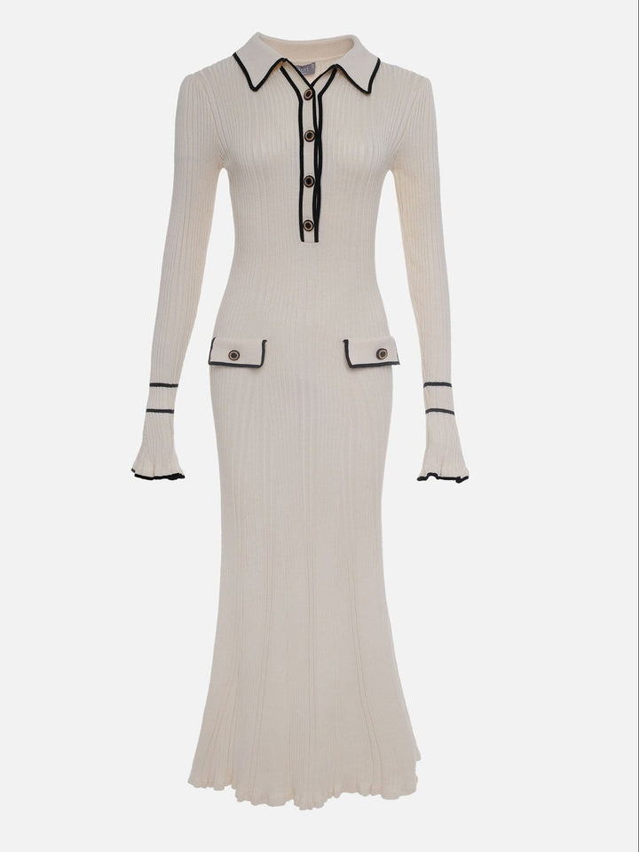 Frau trägt elegantes Damen Frühlings-Midikleid mit durchgehender Knopfleiste, leicht und stilvoll für warme Tage.