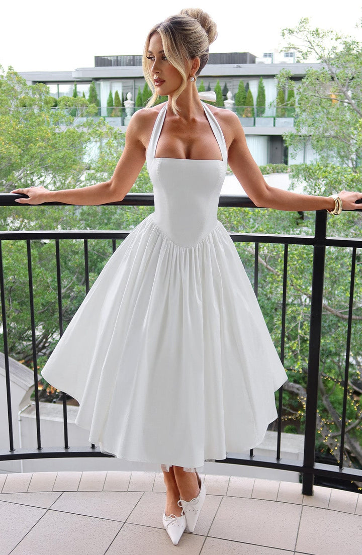 Elegantes Damen Halter Midi Kleid, ideal für Hochzeitsgäste & festliche Anlässe.
