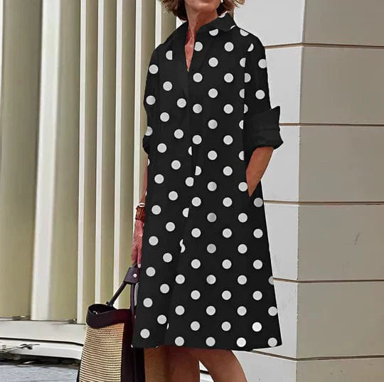 Elegantes Damen Hemdkleid mit Punkten, perfekt für Freizeit & Büro. Vielseitiges Midi Shirtkleid.