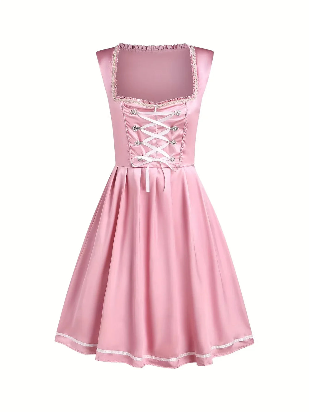 Festliches Damen Trachtenkleid Rosa für den Herbst, mit klassischer Schnürung und traditionellem Design.