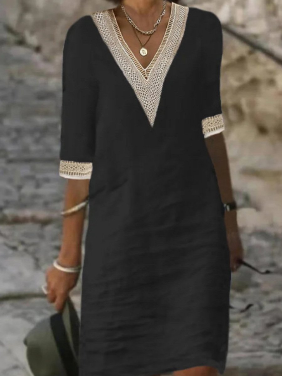 Modisches Freizeitkleid für Damen, elegant und bequem, mit V-Ausschnitt und detailreichem Spitzenbesatz.