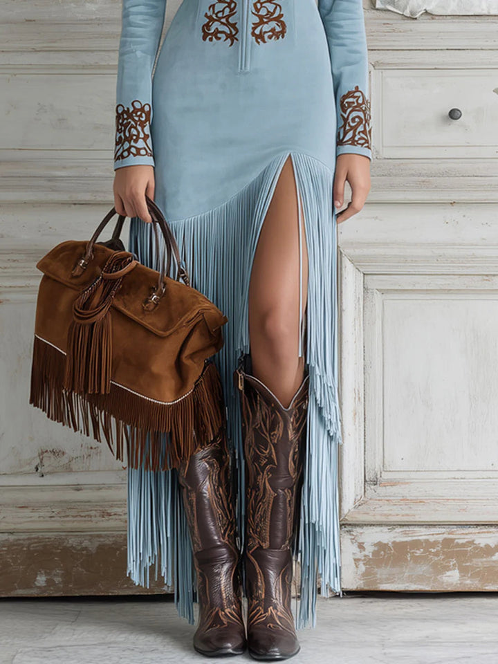 Vielseitiges Damen Langarm Fransenkleid, als elegantes Maxikleid oder lässiges Freizeitkleid im Sommer.