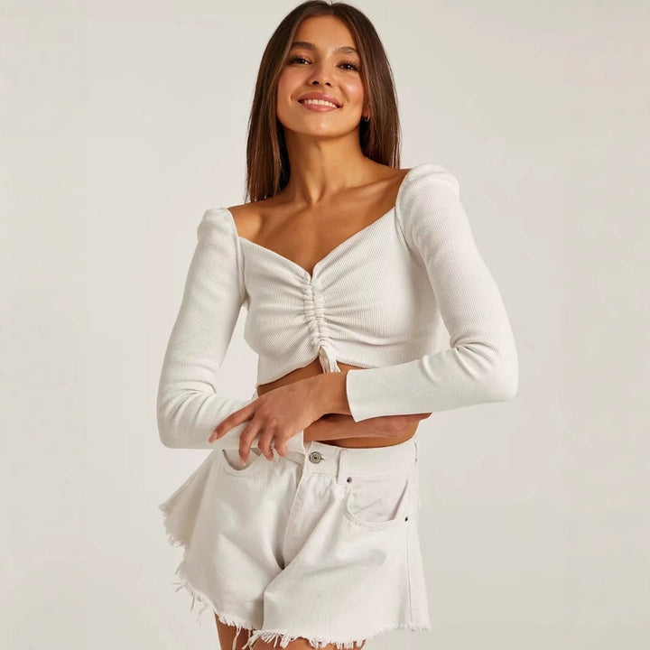 Elegantes Damen Langarmtop mit stilvoller Raffung an den Ärmeln, ideal für Frühling & Sommer, bequemer Baumwoll-Mix.