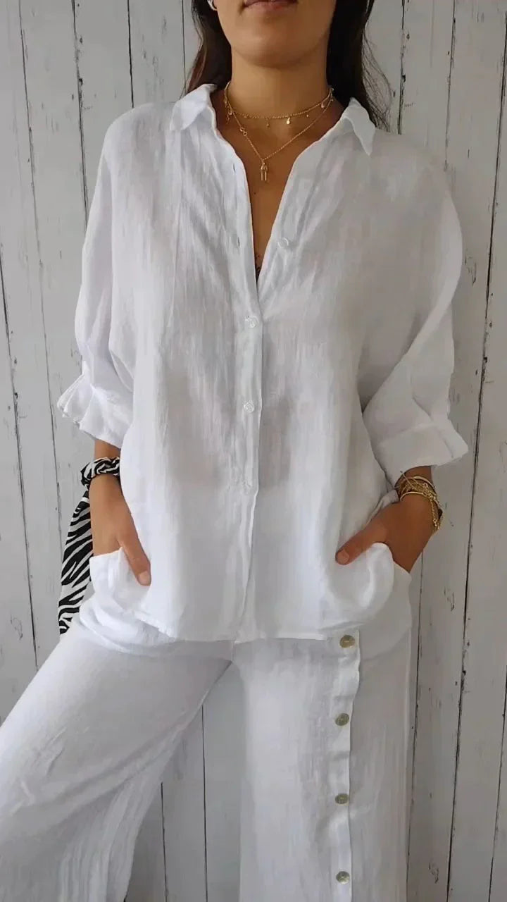 "Elegantes Damen Leinenhemd, grün Vorderansicht, atmungsaktiv, vielseitig, stilvoll, ideal für Büro und Freizeit."