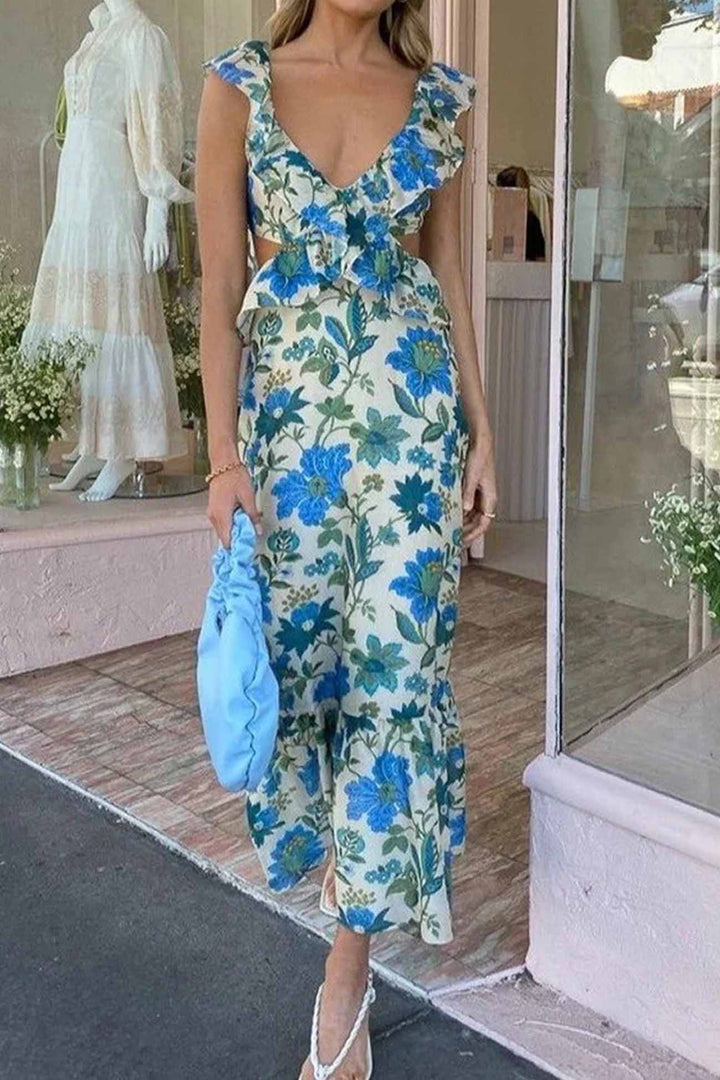Fließendes Damen Maxikleid mit floralen Prints und Rüschen, bequem für Sommer und festliche Events.