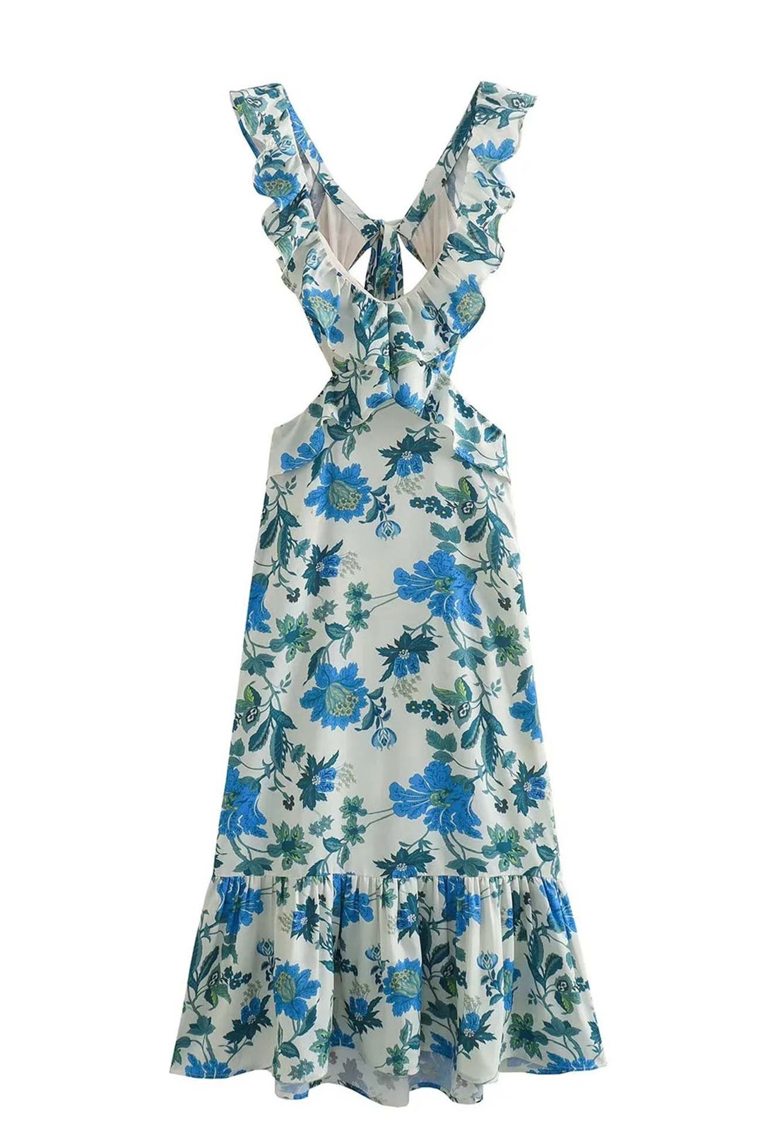 Sommerliches florales Maxikleid für Damen, mit eleganten Rüschen und fließendem Schnitt, ideal für jede Gelegenheit.