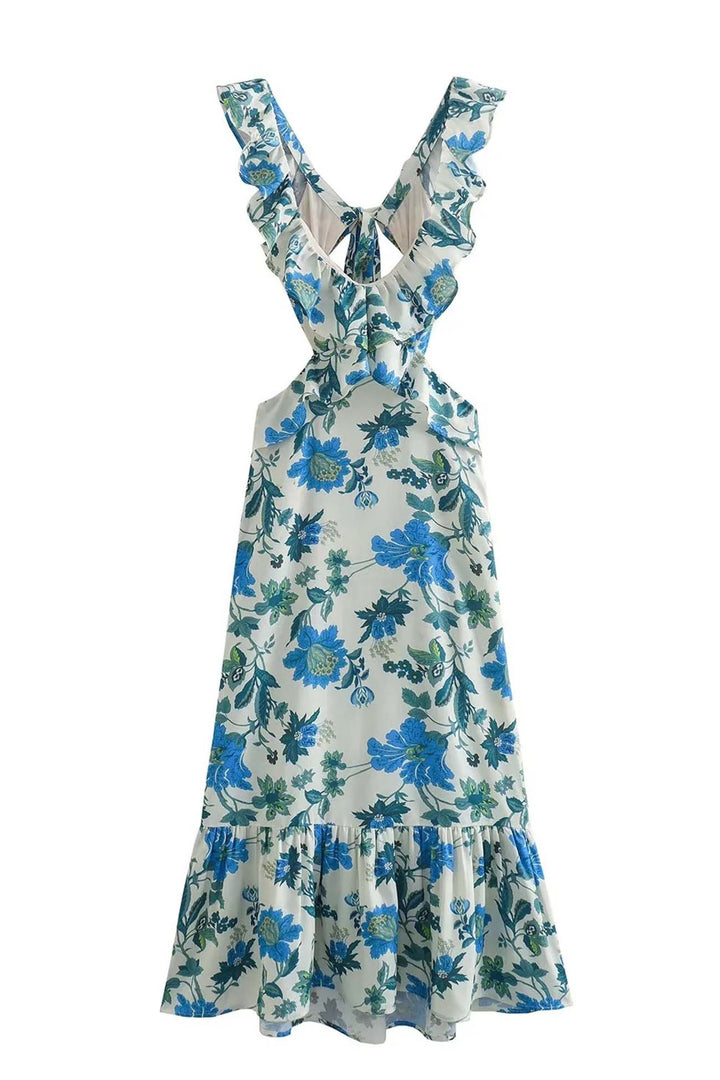 Sommerliches florales Maxikleid für Damen, mit eleganten Rüschen und fließendem Schnitt, ideal für jede Gelegenheit.