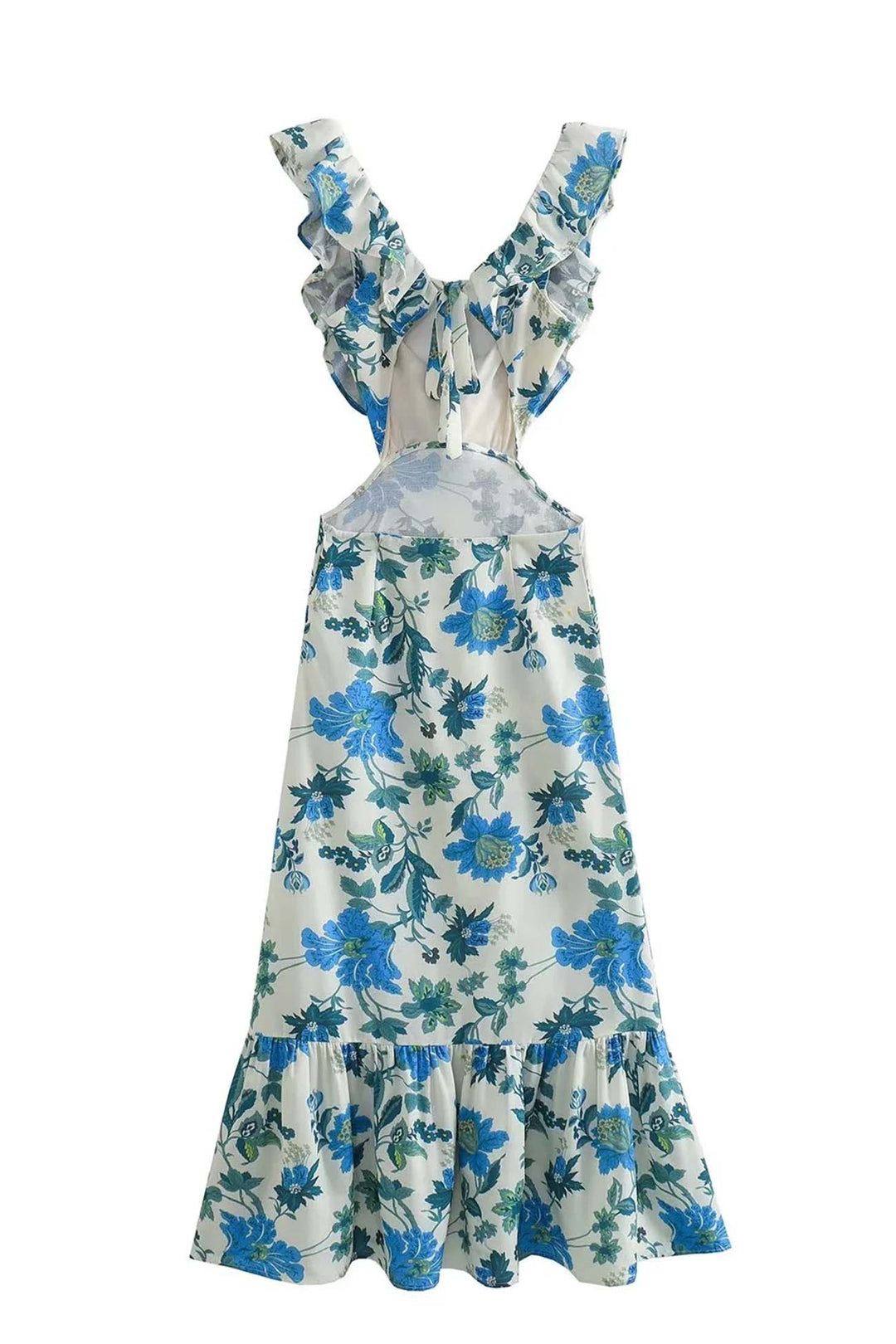 Damen Abendkleid oder Freizeitkleid: langes florales Maxikleid mit Rüschen und fließendem Stoff.