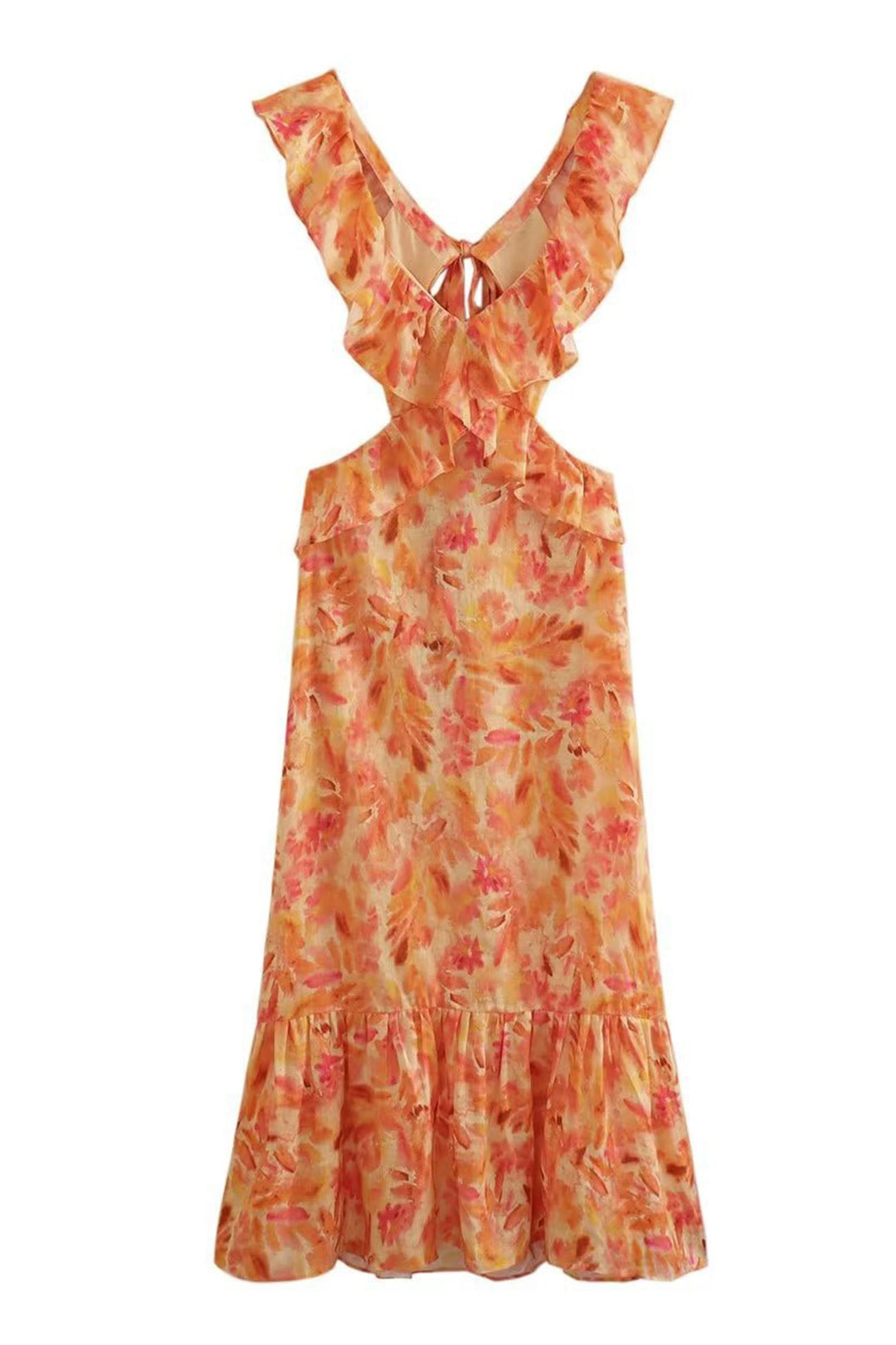 Langes Damenkleid mit Blumenprint und verspielten Rüschen, ein elegantes, fließendes Design für Frauen.