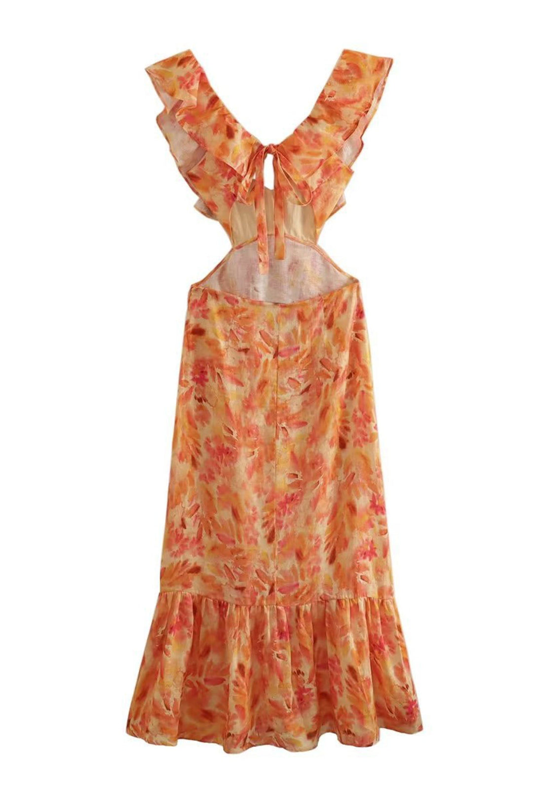 Anmutiges florales Maxikleid mit Rüschen für Damen, das fließende Design betont elegante Bewegungen.